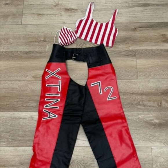 Xtina Dirty Costume | Red & Black Chaps with Top | Christina Aguilera - Picture 1 of 11